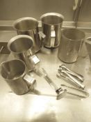 * 5 x S/S milk steaming jugs, small sugar tongs and milk themometer