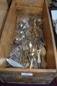 Wooden Wine Crate Containing Assorted Cutlery
