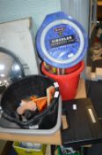 Two Buckets of Tools and Fluorescent Tube Lights,