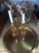 *Two Brass Trays, Pair of Brass Candlesticks, and Four Ornamental Stag Heads