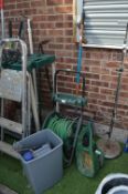 Garden Hose Reel, Lawn Spiker, Seed Spreader and a