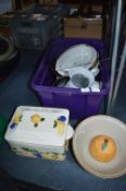 Box of kitchenware, Mixing Bowls, Bread Bin, etc.