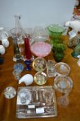 Glass Vases, Dishes, Paperweights, Ink Stand, etc.