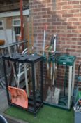 Two Garden Tool Storage Units plus Spades, Forks,
