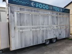 20ft Twin Axle Fish and chip trailer containing: 3 pan range, 4ft griddle, pop fridge, 2 x water bo