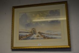 Gilt Framed Watercolour Winter Scape Moorland Scen