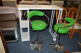 White Metal Framed Breakfast Bar and Two Gas Lift Green Stools