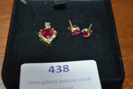 9k Gold Garnet Pendant with Matching Earrings ~1.7