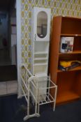 Three White Bathroom Items; Shelf with Mirror, Tow