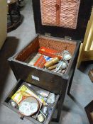 Small Vintage Oak Sewing Box and Contents