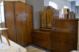 1950's Three Piece Bedroom Suite; Wardrobe, Five D