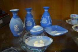 Six Wedgwood Blue & White Jasper Ware Dishes and V
