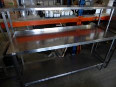 * S/S prepbench with upstand and undershelf with over shelf. 1800w x 610d x 135h