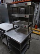 * S/S service bench - with 3 heated gantry's above and 2 shelves underneath - on castors. 730w x
