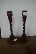 Pair of Wooden Barley Twist Candlesticks