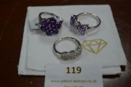 Three Gemphoria Amethyst & Zircon 925 Sterling Silver Rings