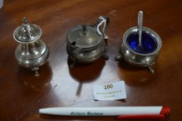 Sterling Silver Cruet Set with Blue Plastic Liners ~123g total silver weight