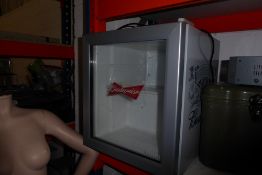 * table top Budweiser fridge, glass door.