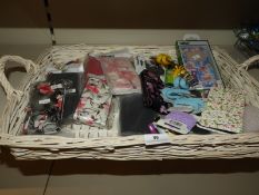 *Wicker Tray Containing Assorted Phone Cases, Hair Bobbles, etc.