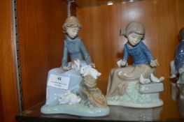 Two Lladro Nao Figurines of Girls with Rabbits and