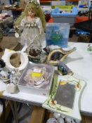 Mixed Lot Including China, Small Mirror, Table Lamp and a Doll