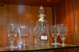 Cut Crystal Decanter and Five Wine Glasses