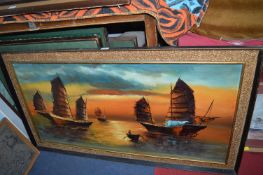Framed Oil on Canvas by Peter Liu - Chinese Junks
