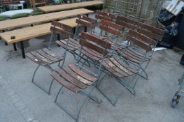 *Eight French Folding Café Chairs with Galvanised Frame and Slatted Wooden Seats