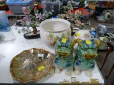 Japanese Plate, Two Pottery Dragons, Planter, Pig, and Artificial Flowers