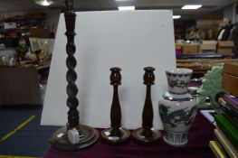 Pair of Vintage Oak Candlesticks, Barley Twist Tab