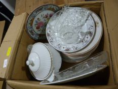 Box of Assorted Dinner Plates, Tureen, Small Quantity of Glassware, etc.