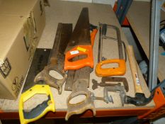 Small Quantity of Tools; Saws, Hammer, Clamps, etc