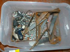 Box of Iron Brackets, Large Nuts and Bolts, etc.