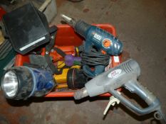 Box of Lamps, Two Heat Guns, and Megger BM200 Mete