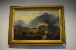 Gilt Framed Oil on Canvas Mountainscape by G.B. Sticks