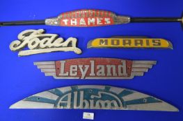 Five Vintage Lorry Nameplates; Foden, Thames, Leyland, Albion and Morris