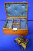 Vintage Sewing Box with Warship Design, plus a Pair of Leather Cased Brass Binoculars