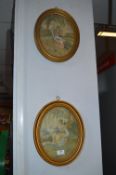 Two Georgian Silk Embroideries in Original Oval Gilt Frames