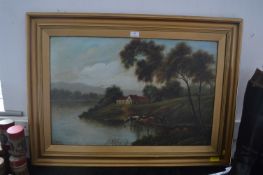 Gilt Framed Oil on Canvas by T. Wilson - Cattle at the Waterside