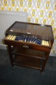 Dark Oak Tea Trolley Containing Canteen Cutlery Drawer and Contents