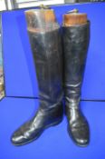 Vintage Black Leather Riding Boots with Original Wooden Trees