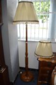 Turned Mahogany Standard Lamp with Cream Shade and One Matching Spare