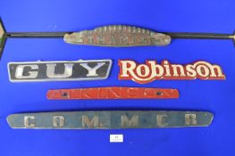 Five Vintage Lorry Nameplates; Commer, Robinson, Guy, Thames, and Atkinson