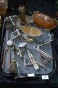 Metalware Including Candlesticks, Flat Iron, Shoe Stretchers, Jewelers Ring Gauge, etc.