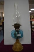 Victorian Oil Lamp with Brass Base and Blue Glass Reservoir
