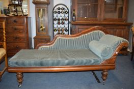 Edwardian Carved Mahogany Chaise Lounge with Sage Green Striped Upholstery