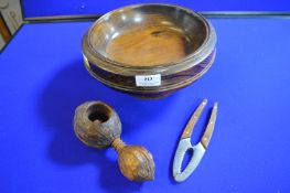 Turned Wooden Fruit Bowl, and Hand Carved Nut Cracker, etc.