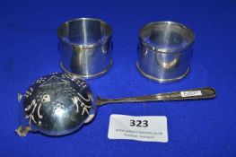 Two Hallmarked Sterling Silver Napkin Rings plus Strainer