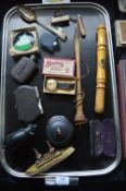 Tray of Collectibles Including a Deco Compact, Wooden Model Ship, Pincenez Hip Flasks, etc.
