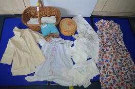 Sewing Basket and Contents of Vintage Linens and Fabrics etc.
